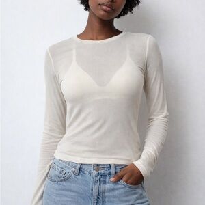 Reebok Cream Ribbed Long Sleeve Top Semi Sheer